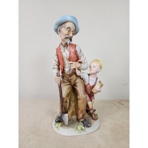 Lefton Bisque Grandpa & Boy Figurine 11" Tall Ceramic #5304 Home Decor Vintage